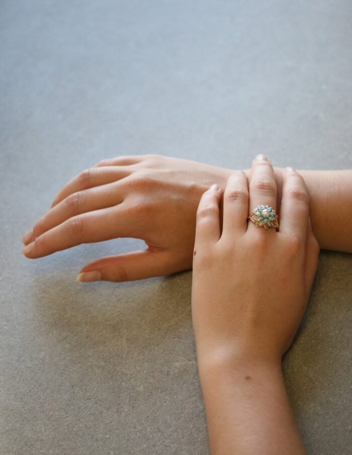 Turquoise & Pearl Dress Ring 9ct Yellow Gold Size Q½ - Image 4