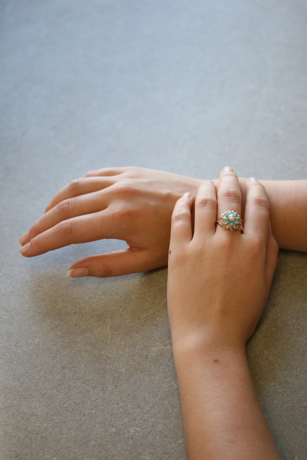 Turquoise & Pearl Dress Ring 9ct Yellow Gold Size Q½ - Image 4