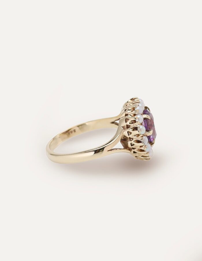 Amethyst & Pearl Heart Cluster Ring 9ct Yellow Gold Size O - Image 4