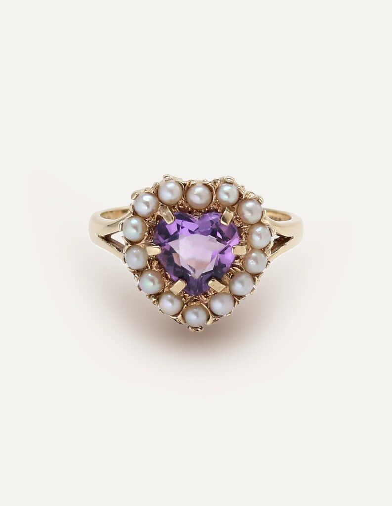 Amethyst & Pearl Heart Cluster Ring 9ct Yellow Gold Size O