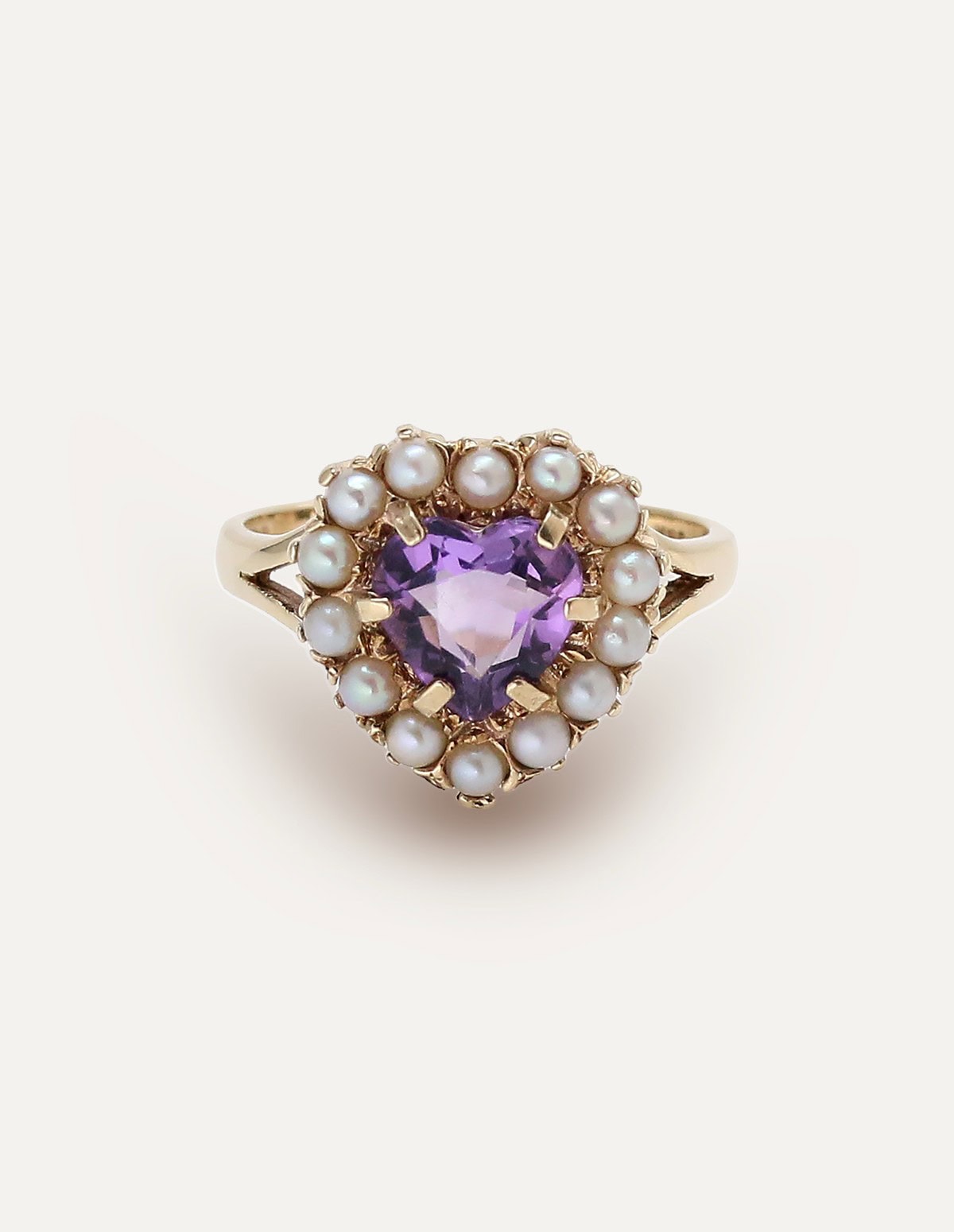 Amethyst & Pearl Heart Cluster Ring 9ct Yellow Gold Size O