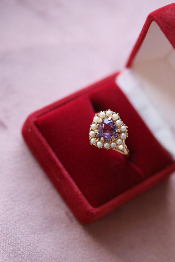 Amethyst & Pearl Heart Cluster Ring 9ct Yellow Gold Size O