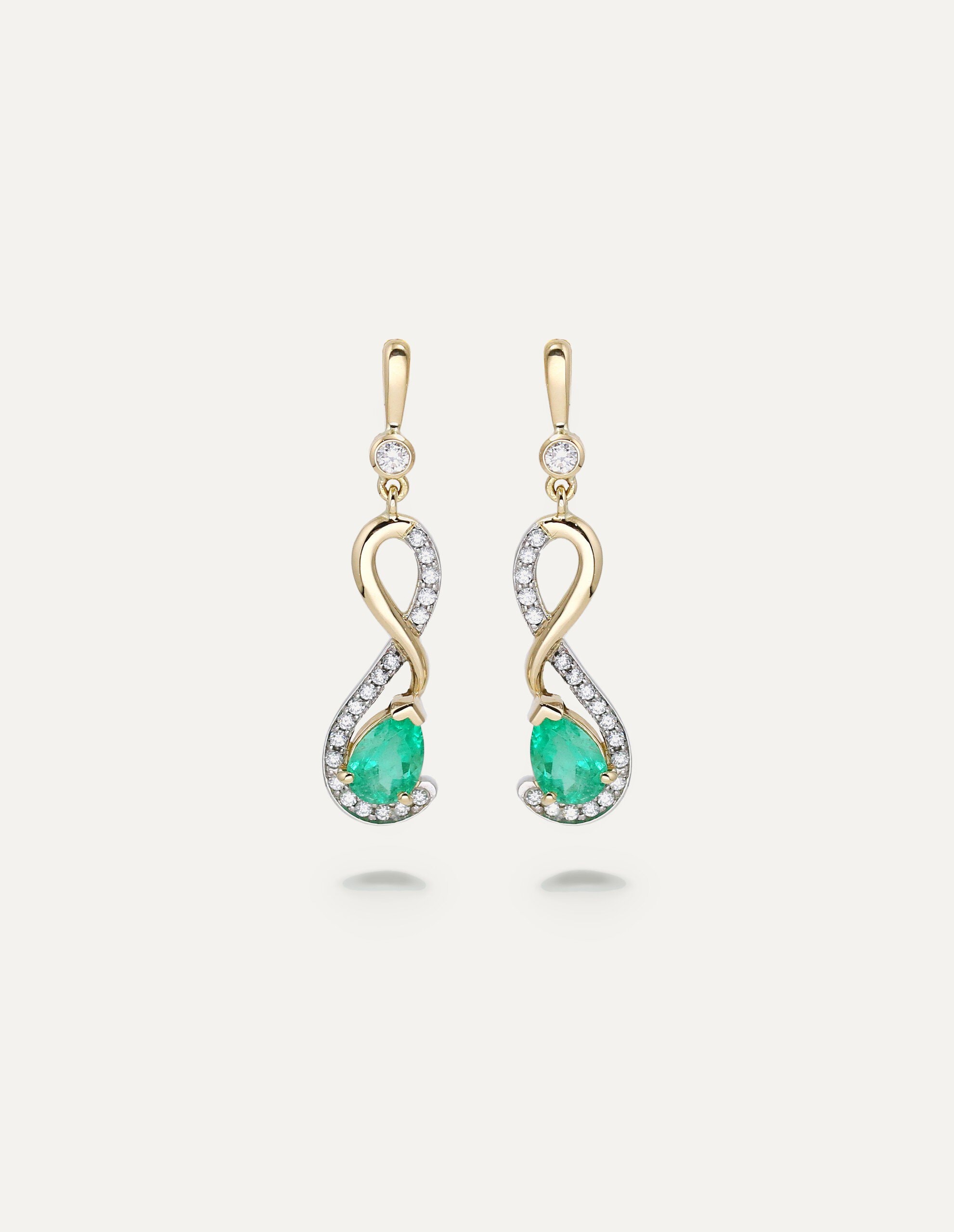 One-off Colombian emerald and diamond drop earrings in 18ct yellow gold and platinum