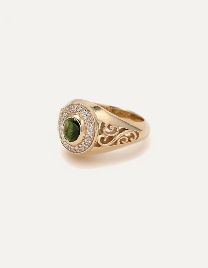 One-off 9ct gold signet ring with a green tourmaline cabochon in a diamond halo