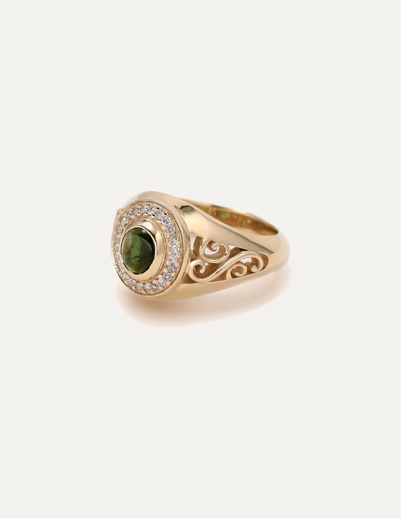 One-off 9ct gold signet ring with a green tourmaline cabochon in a diamond halo