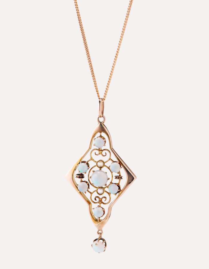 Vintage 9ct Rose Gold Opal and Pearl Necklace with 16" Rose Gold Curb Chain