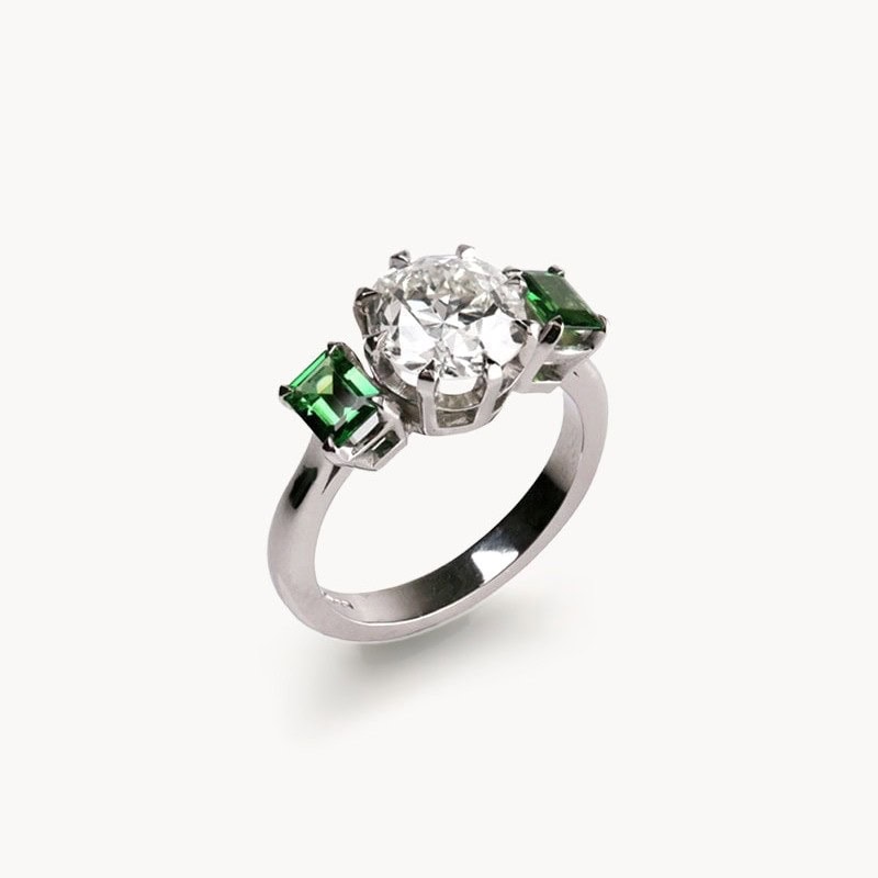 Old Cut Diamond & Tsavorite Trilogy Ring