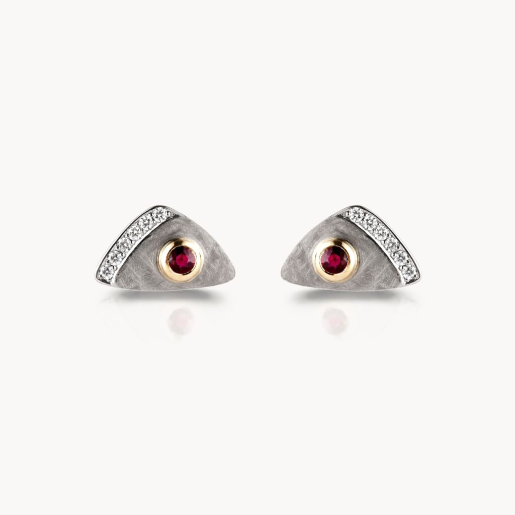 Ruby & 18ct Gold Textured Triangle Stud Earrings