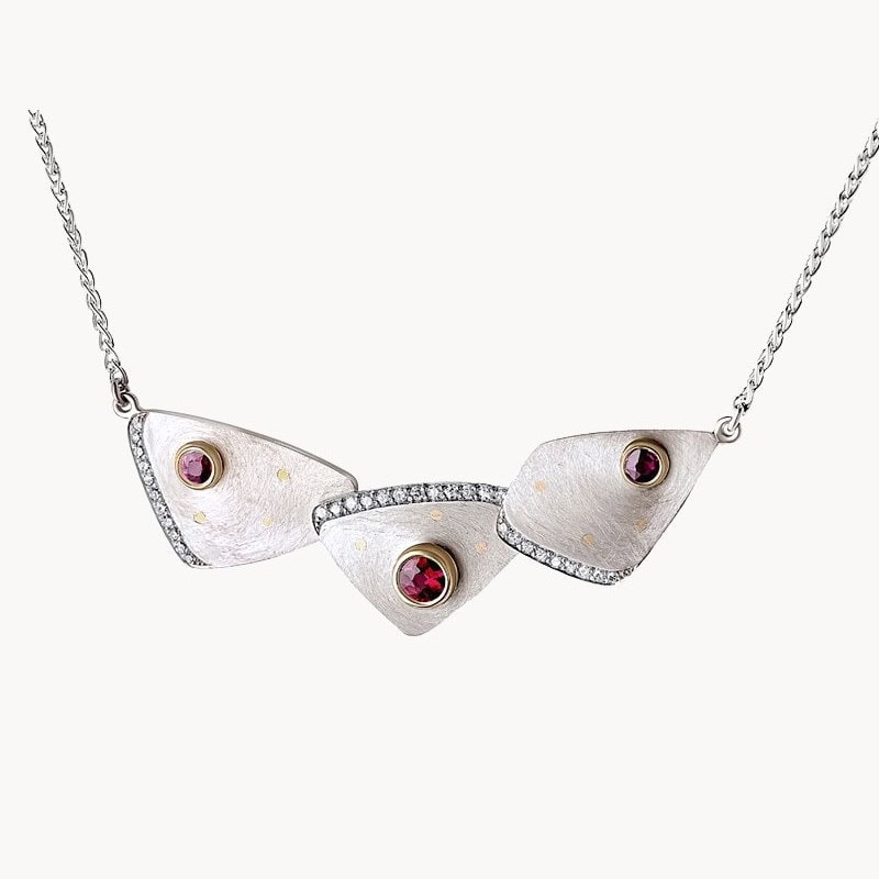 Ruby, Diamond & 18ct Gold Textured Triangle Necklace